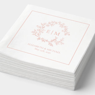 Modern Leafy Crest Monogrammed Wedding Rose Gold Foil Napkins