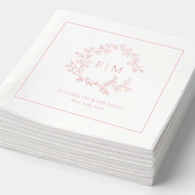 Modern Leafy Crest Monogrammed Wedding Rose Gold Foil Napkins (Detail)