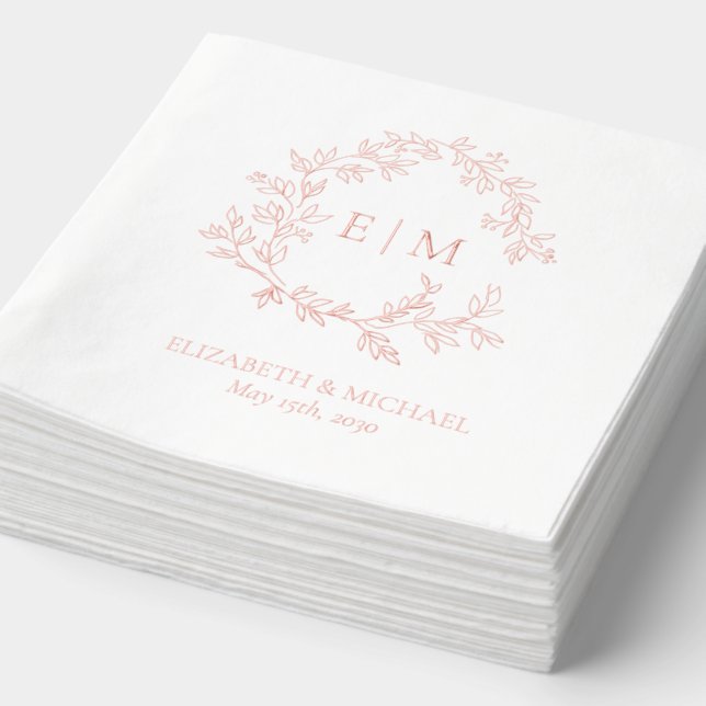 Modern Leafy Crest Monogrammed Wedding Rose Gold Foil Napkins (Detail)