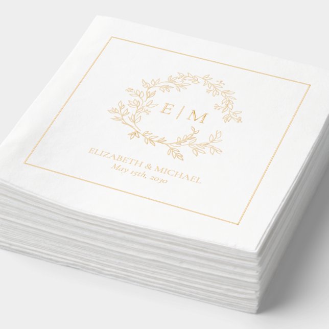 Modern Leafy Crest Simple Monogrammed Wedding Gold Foil Napkins (Detail)