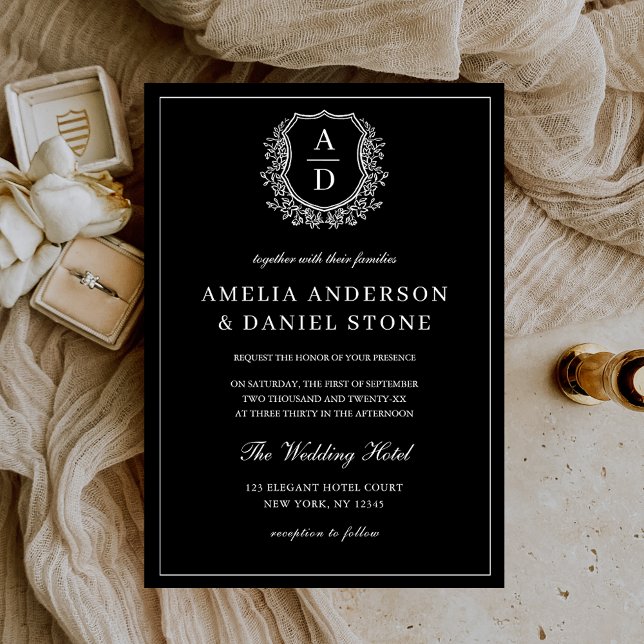 Modern Leafy Floral Crest Monogram Wedding  Invitation (Creator Uploaded)