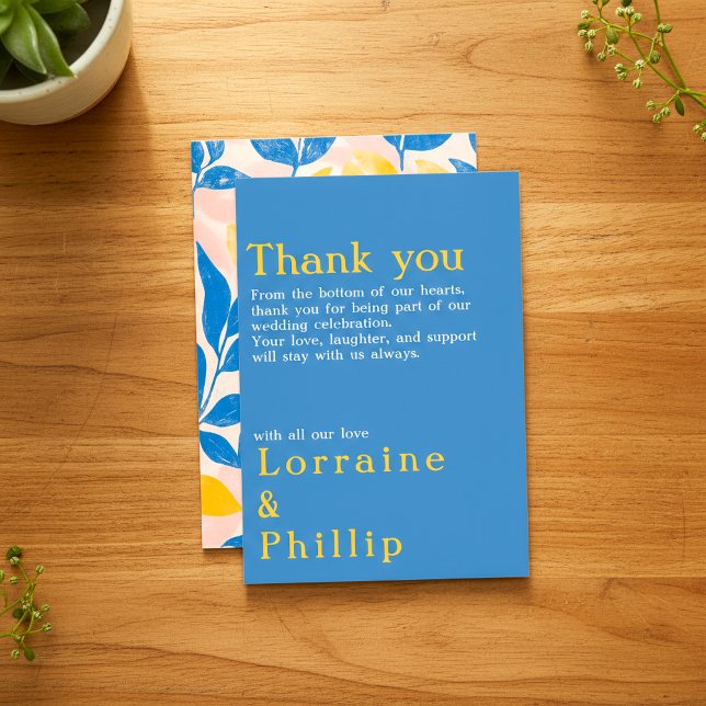 Modern Leafy Lithograph, Bold Blue, Yellow Wedding Thank You Card (Modern Leafy Lithograph, Bold Blue, Yellow Wedding Thank You Card.)