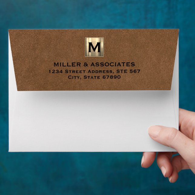 Modern Leather Gold Emblem Return Address Envelope (Hand)