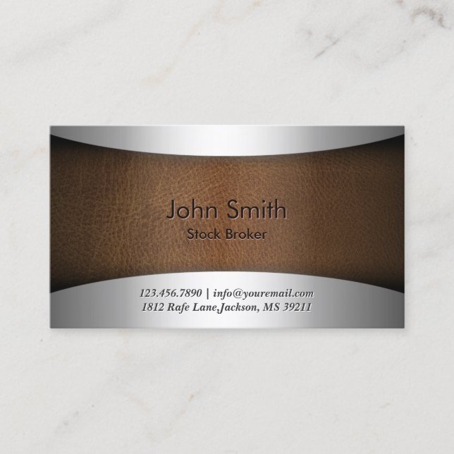 Modern Leather Stock Broker Professional Metal Business Card (Front)