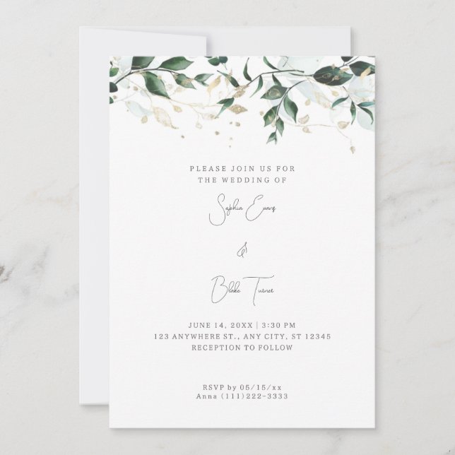 Modern Leaves and Vines White Wedding Invitation (Front)