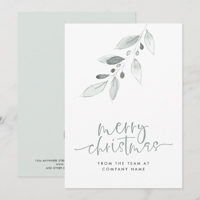 Modern Leaves Business Logo Script Merry Christmas Holiday Card (Front/Back)