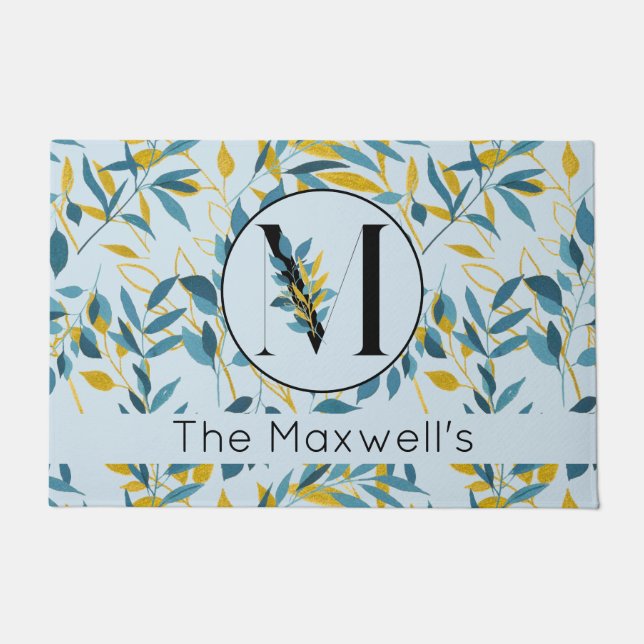 Modern Leaves Navy Blue Gold "Letter M"   Doormat (Front)