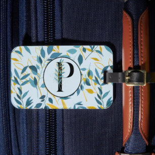 Modern Leaves Navy Gold "Letter P" Luggage Tag