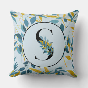 Modern Leaves Navy Gold Letter "S" Throw Pillow