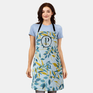 Modern Leaves Navy Gold Monogram "Letter P" Apron
