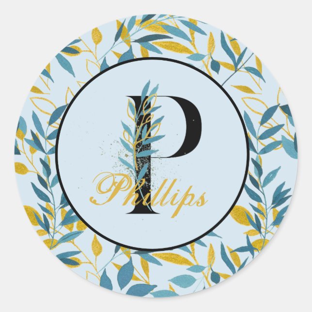 Modern Leaves Navy Gold Monogram "Letter P" Classic Round Sticker (Front)
