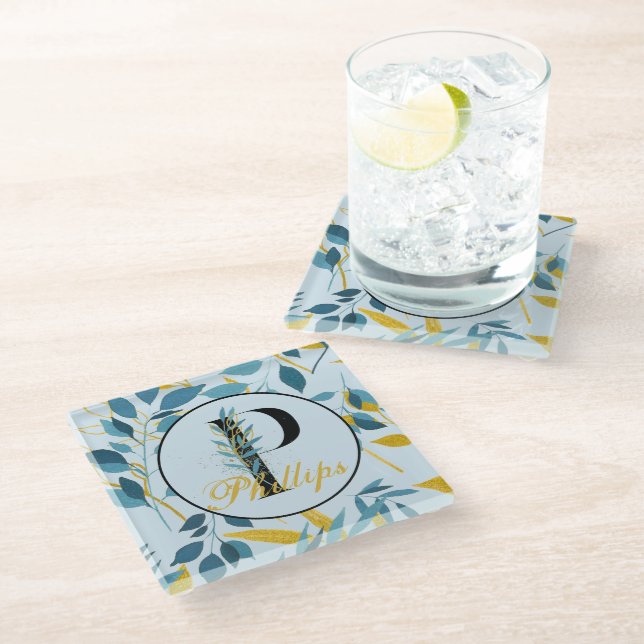 Modern Leaves Navy Gold Monogram "Letter P" Glass Coaster (Angled)