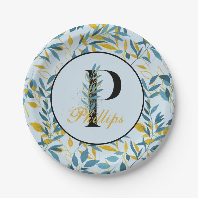 Modern Leaves Navy Gold Monogram "Letter P" Paper Plate (Front)