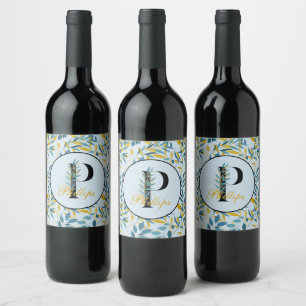Modern Leaves Navy Gold Monogram "Letter P" Wine Label
