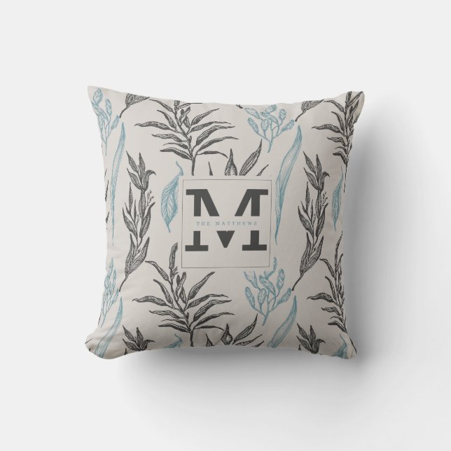 Modern Leaves Pattern Cream Brown Custom Monogram Throw Pillow (Front)