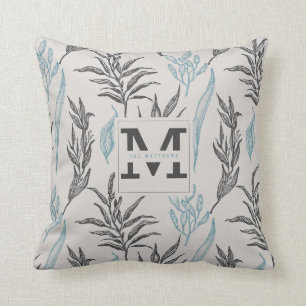 Modern Leaves Pattern Cream Brown Custom Monogram Throw Pillow