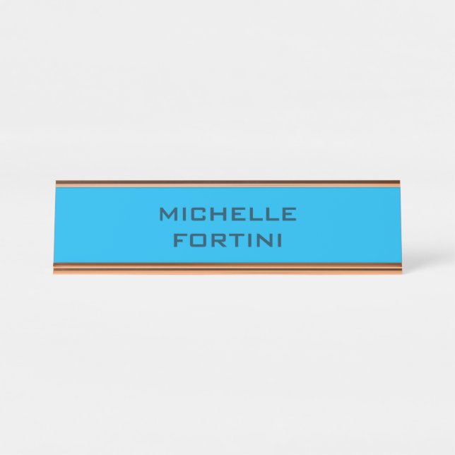 Modern Legible Name Plain Sky& Ocean Blue Desk Name Plate (Front)