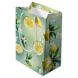 Modern lemon blue floral script bridal shower medium gift bag