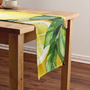 Modern lemon blue floral script bridal shower medium table runner