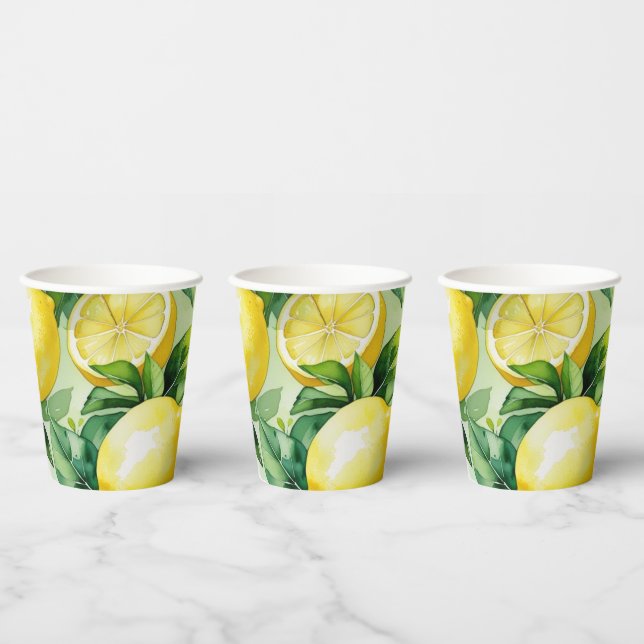 Modern lemon blue floral script bridal shower paper cups (Multi)