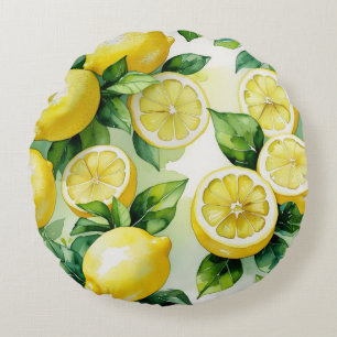 Modern lemon blue floral script bridal shower round pillow