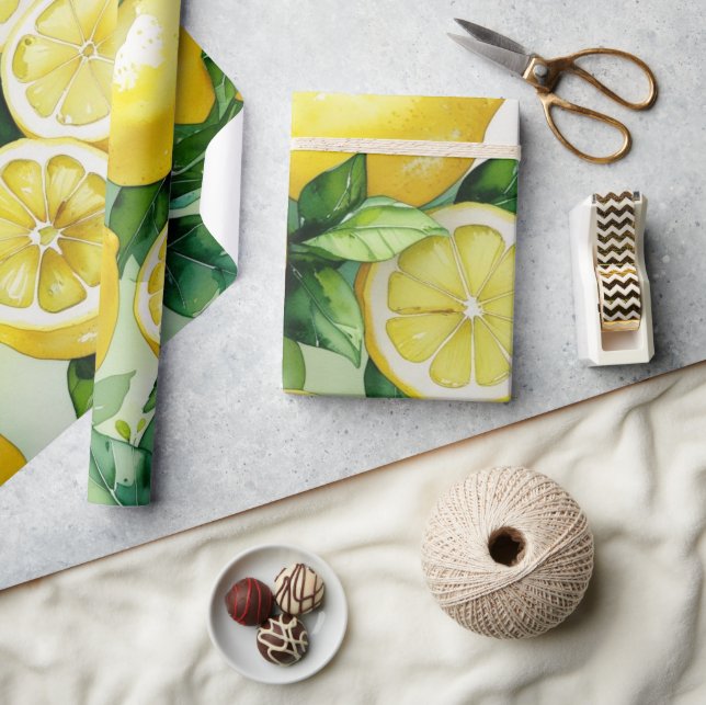 Modern lemon blue floral script bridal shower wrapping paper (Crafts)