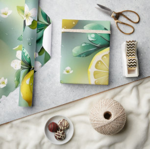 Modern lemon blue floral script bridal shower wrapping paper