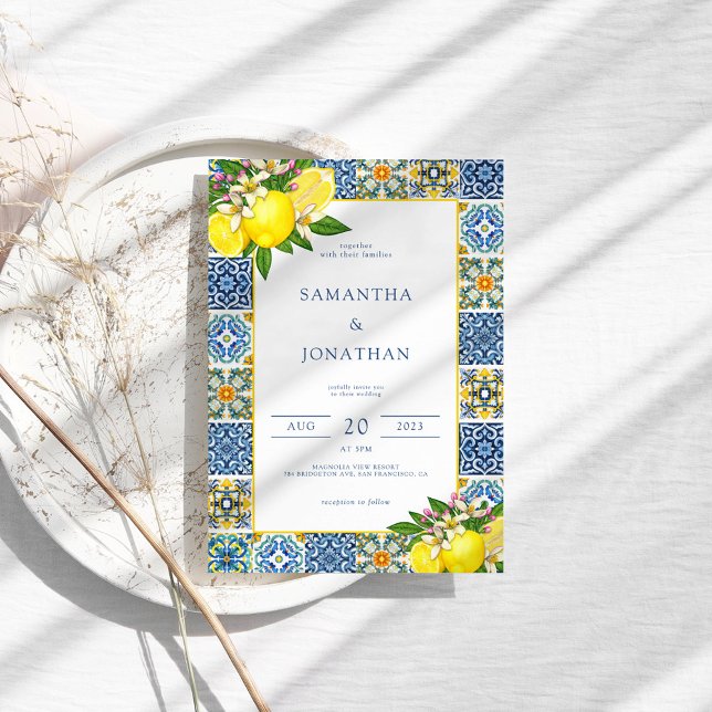 Modern Lemon Blue & Yellow Mediterranean Wedding Invitation (Creator Uploaded)