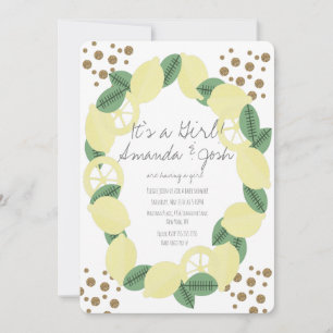 Modern Lemon Citrus Faux Glitter Dots Baby Shower Invitation