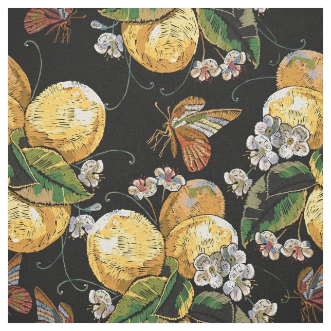 Modern Lemon Citrus Floral Butterfly Pattern Fabric (Swatch)