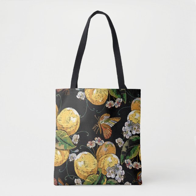 Modern Lemon Citrus Floral Butterfly Pattern Tote Bag (Front)