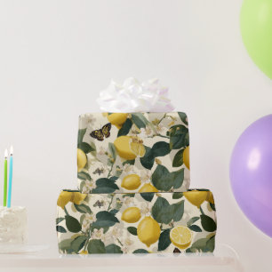 Modern Lemon Citrus Floral Butterfly Pattern Wrapping Paper