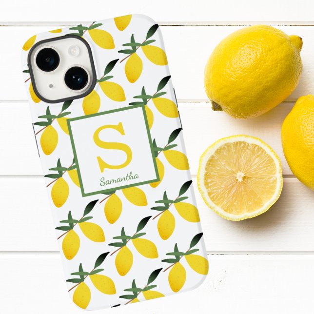 Modern Lemon Citrus Monogram Name iPhone Case (Creator Uploaded)