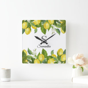 Modern Lemon Citrus Monogram Name Square Wall Clock