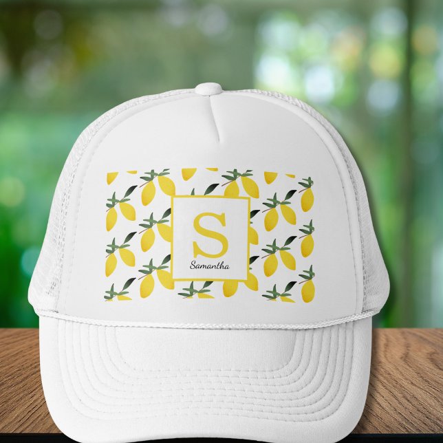 Modern Lemon Citrus Monogram Name Trucker Hat (Creator Uploaded)