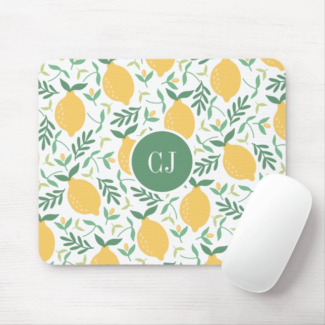 Modern Lemon Citrus Summer Yellow Green Monogram Mouse Pad (With Mouse)