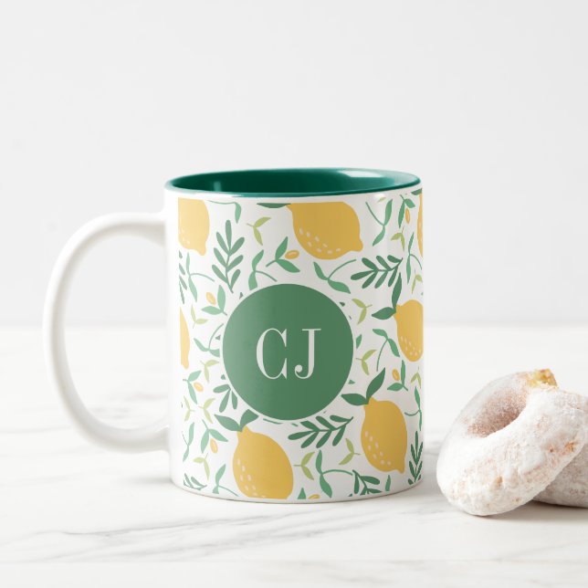 Modern Lemon Citrus Yellow Green Leaves Monogram Two-Tone Coffee Mug (With Donut)