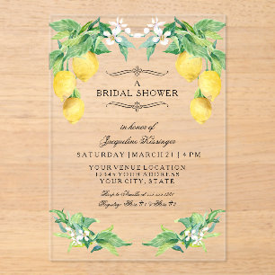 Modern Lemon Elegant Floral Blue Bridal Shower Acrylic Invitations