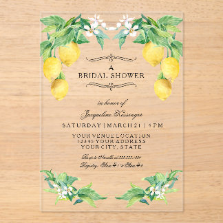Modern Lemon Elegant Floral Blue Bridal Shower Acrylic Invitations