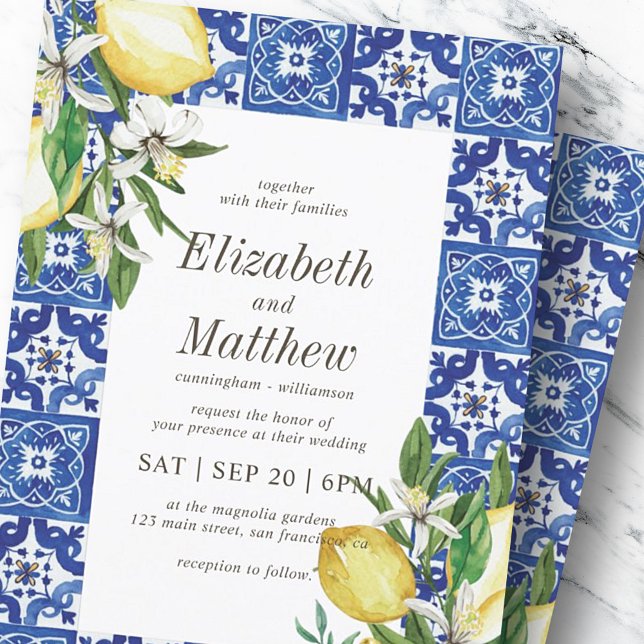 Modern Lemon Foliage Blue Mediterranean Wedding Invitation (Creator Uploaded)