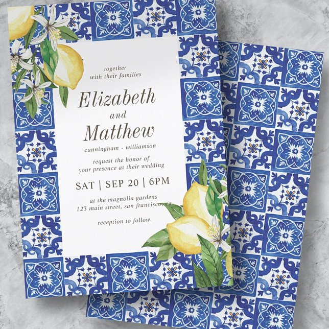 Modern Lemon Foliage Blue Mediterranean Wedding Invitation (Creator Uploaded)