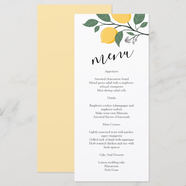 Modern Lemon Foliage Calligraphy Wedding Menu (Front/Back)