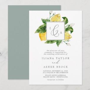 Modern Lemon Garden Formal Monogram Wedding Invitation