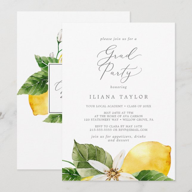 Modern Lemon Garden Grad Party Invitation (Front/Back)