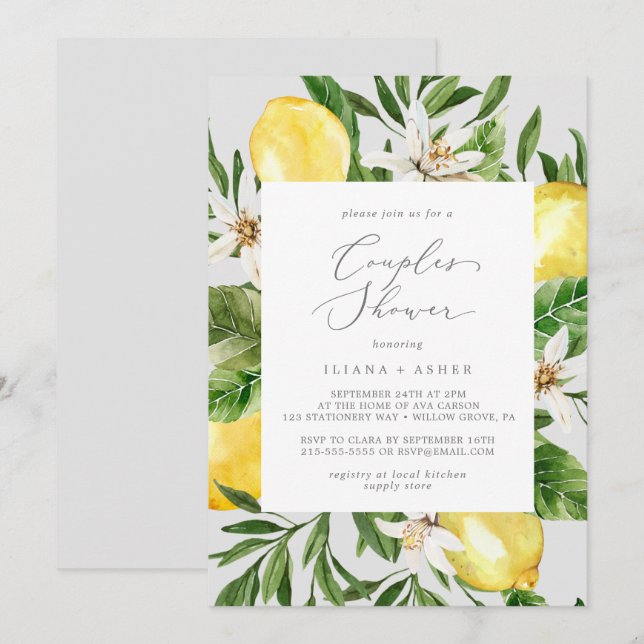 Modern Lemon Garden | Grey Couples Shower Invitation (Front/Back)