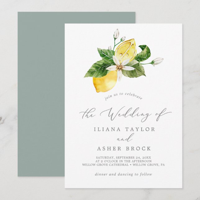 Modern Lemon Garden Simple Wedding Invitation (Front/Back)