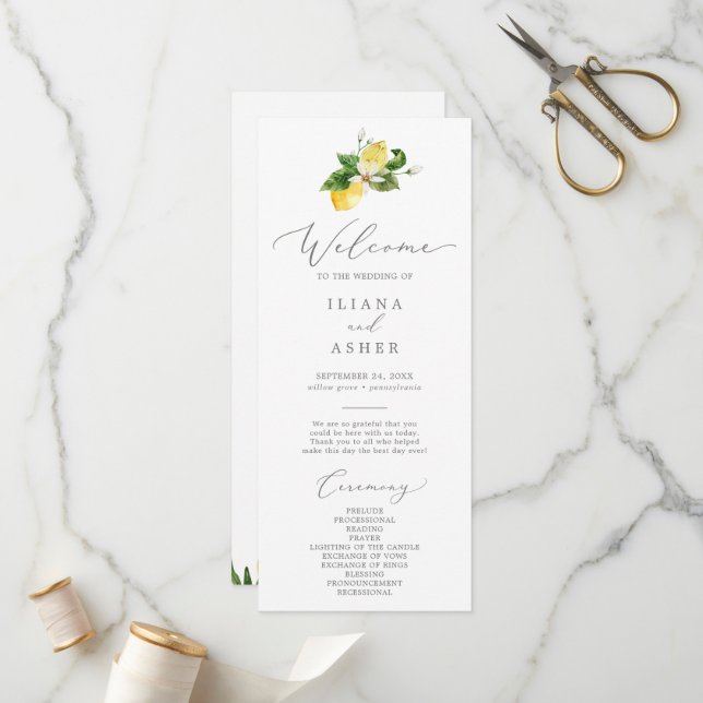 Modern Lemon Garden Wedding Program (Front/Back In Situ)