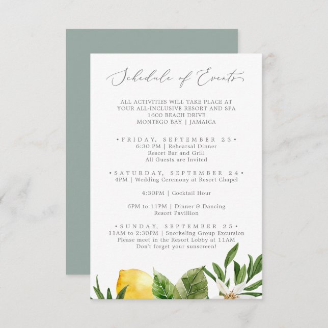 Modern Lemon Garden Wedding Schedule of Events Enclosure Card (Front/Back)