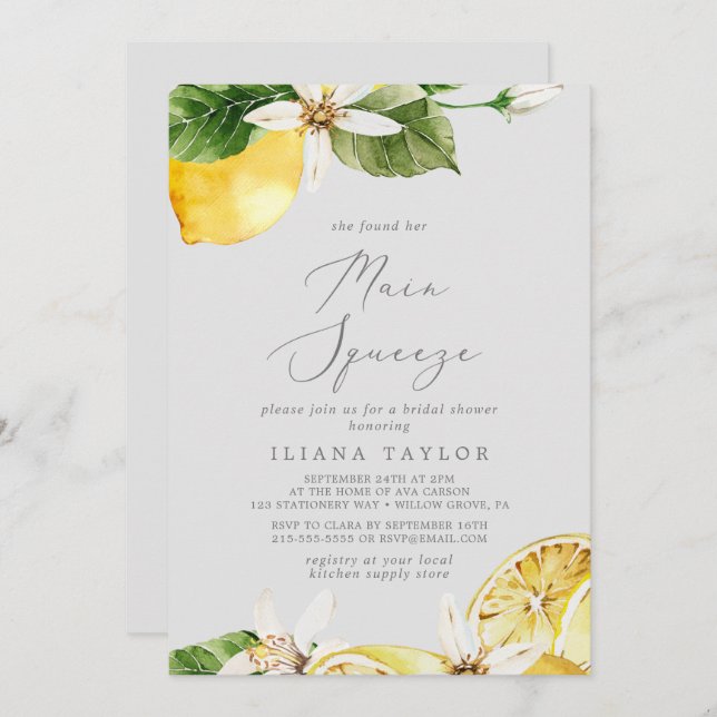 Modern Lemon | Grey Main Squeeze Bridal Shower Invitation (Front/Back)
