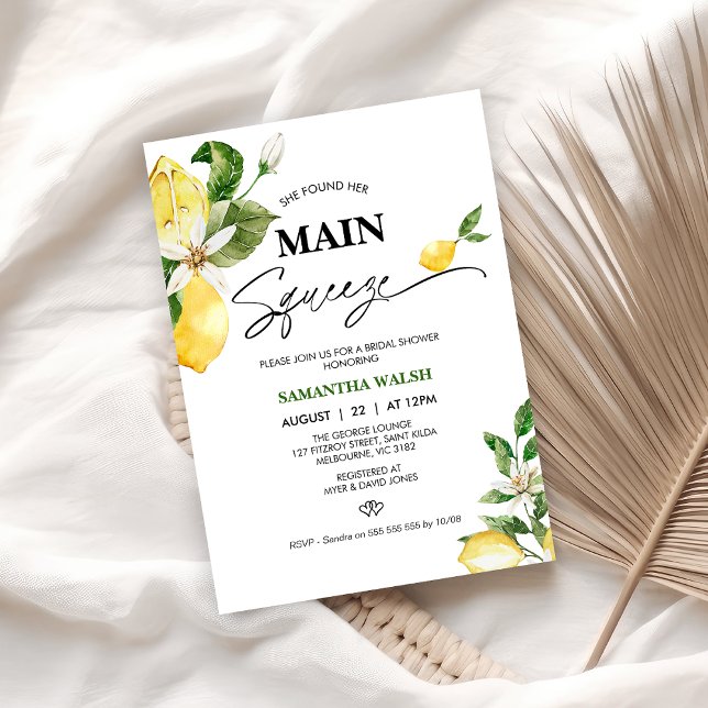 Modern Lemon Main Squeeze Bridal Shower Invitation (She Found Her Main Squeeze Bridal Shower Invitation, Lemon Bridal Shower Invitation, Citrus Yellow)